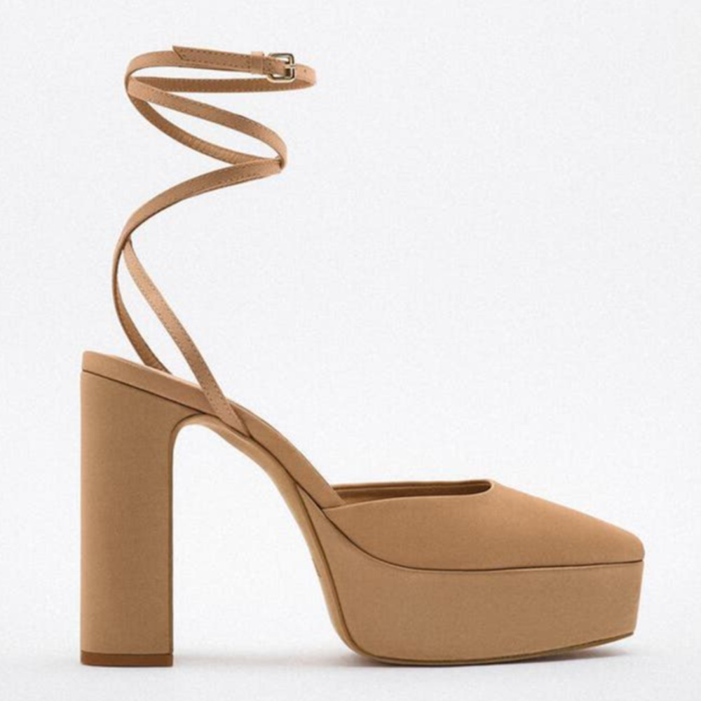 Zara Satin Platform Heels Pumps Pinky Beige Square Toe Block Sz 37 / 6.5